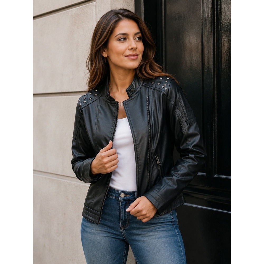 Girls Size 140 Black Faux Leather Moto Jacket Studded Biker Zip Punk, S 9-10